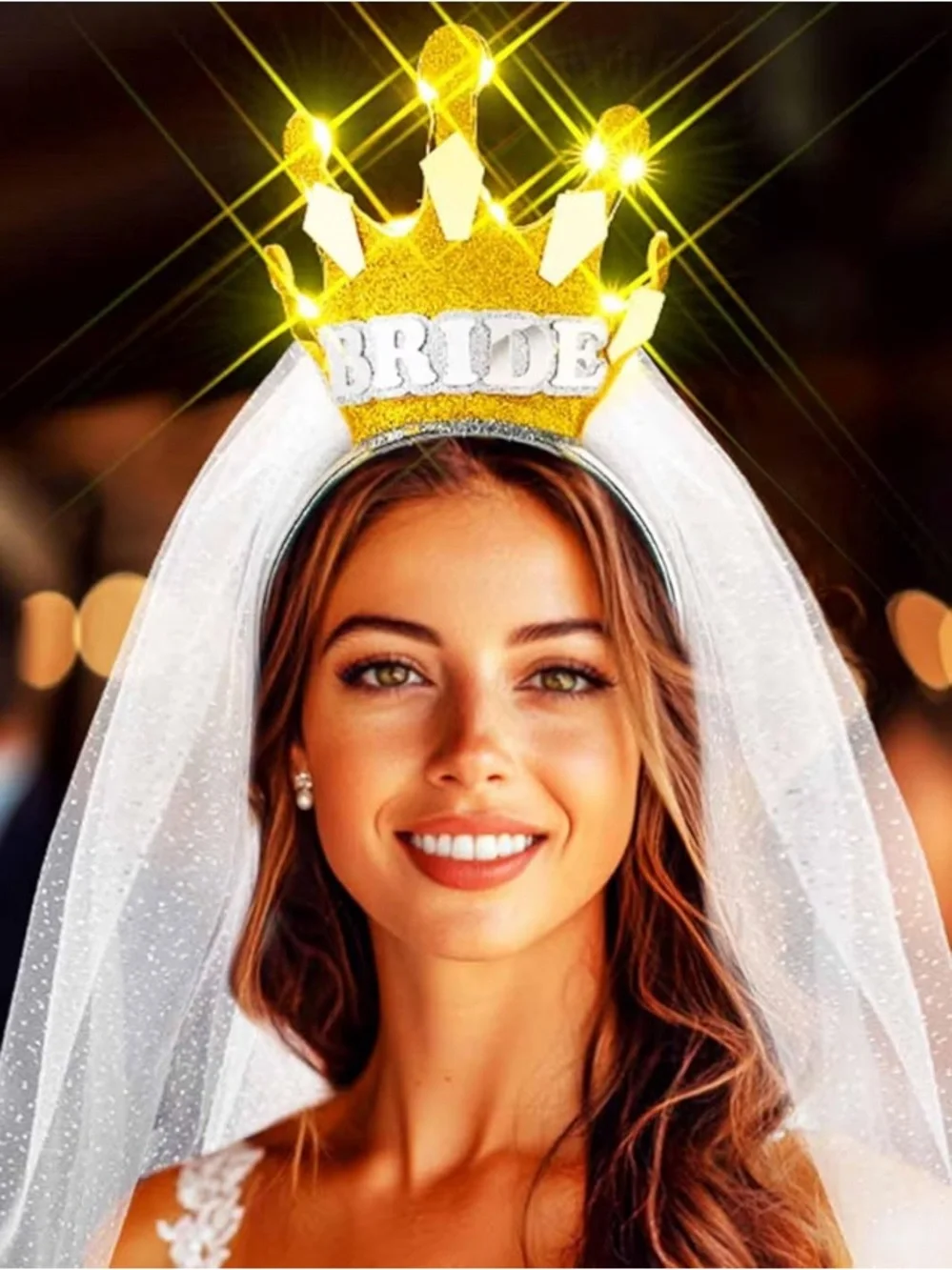 Bride LED Crown Headband in Gold with White Veil - Party Accessory